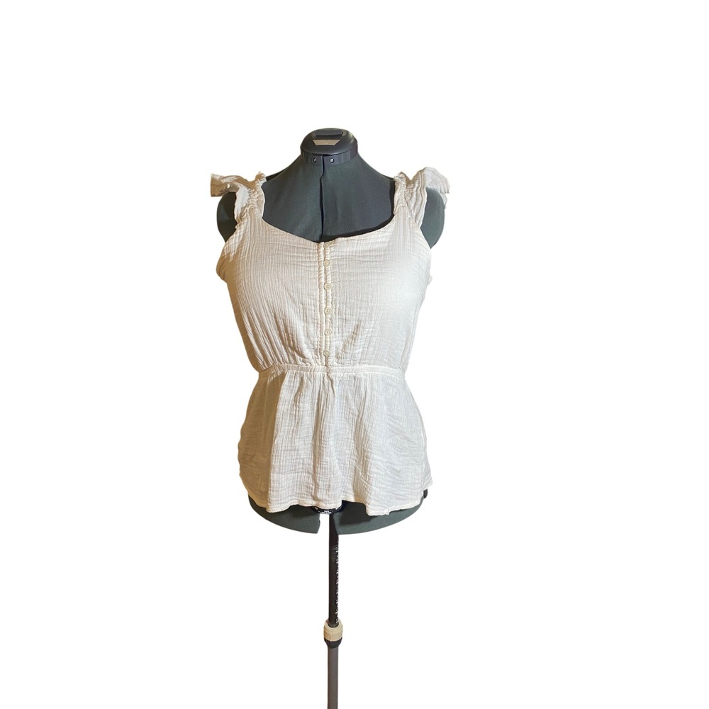 Maurices Womens White Gauze Ruffle Strap Button Front Peplum Blouse‎ Size L